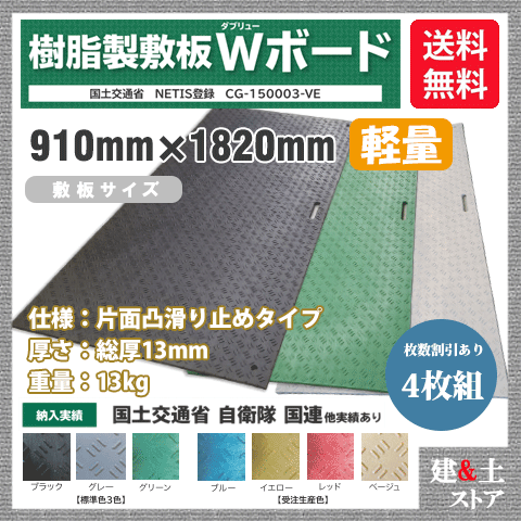 ■特長 　●国土交通省 NETIS登録 CG-150003-VE。 　●軽量の為、人力で、小人数、短時間で設置可能です。 　●荷下ろし等のクレーン作業軽減により、安全性が向上します。 　●バイオマスプラスチックを使用しておりCO2排出量を93％削減できます。 　●柔軟性のある板であり、敷き鉄板で問題となる騒音を軽減できます。 　●一度に大量に運べて輸送費用が削減できます。 ■用途 　●造園工事・河川工事・文化財敷地養生・芝生養生 　●仮置き場・イベントステージ設置工事・駐車場・建設現場入口 ■仕様 　●仕様：片面滑り止めタイプ 　●寸法：910mm×1820mm 　●厚さ：総厚13mm（板厚8mm+滑り止め表面凸型5mm） 　●重量：13kg（±5％） 　●耐荷重：最大120ton（路盤が頑丈な状況に限ります） 　●接続穴：8-φ22（4隅・両サイド中央） 　●持手穴：無し 　●メーカー：株式会社ウッドプラスチックテクノロジー