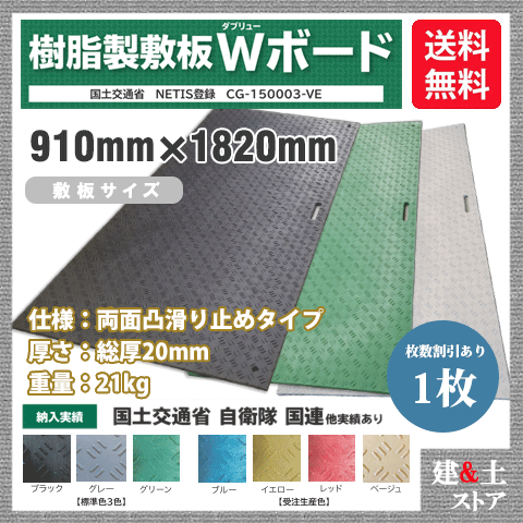 ■特長 　●国土交通省 NETIS登録 CG-150003-VE。 　●軽量の為、人力で、小人数、短時間で設置可能です。 　●荷下ろし等のクレーン作業軽減により、安全性が向上します。 　●バイオマスプラスチックを使用しておりCO2排出量を93％削減できます。 　●柔軟性のある板であり、敷き鉄板で問題となる騒音を軽減できます。 　●一度に大量に運べて輸送費用が削減できます。 ■用途 　●造園工事・河川工事・文化財敷地養生・芝生養生 　●仮置き場・イベントステージ設置工事・駐車場・建設現場入口 ■仕様 　●仕様：両面滑り止めタイプ 　●寸法：910mm×1820mm 　●厚さ：総厚20mm（板厚13mm+滑り止め表面凸型2mm+裏面凸型5mm） 　●重量：21kg（±5％） 　●耐荷重：最大120ton（路盤が頑丈な状況に限ります） 　●接続穴：4-φ22（4隅） 　●持手穴：2カ所 　●メーカー：株式会社ウッドプラスチックテクノロジー