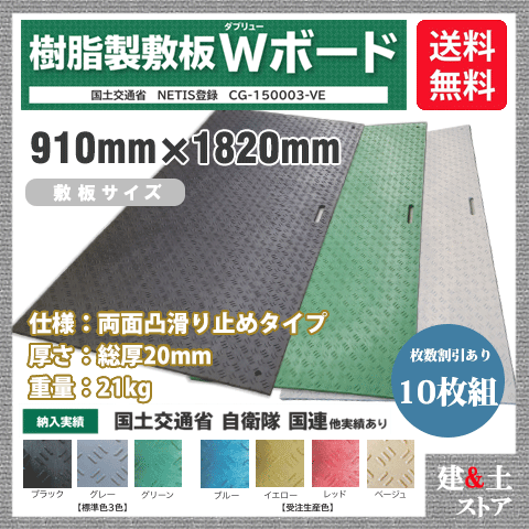 ■特長 　●国土交通省 NETIS登録 CG-150003-VE。 　●軽量の為、人力で、小人数、短時間で設置可能です。 　●荷下ろし等のクレーン作業軽減により、安全性が向上します。 　●バイオマスプラスチックを使用しておりCO2排出量を93％削減できます。 　●柔軟性のある板であり、敷き鉄板で問題となる騒音を軽減できます。 　●一度に大量に運べて輸送費用が削減できます。 ■用途 　●造園工事・河川工事・文化財敷地養生・芝生養生 　●仮置き場・イベントステージ設置工事・駐車場・建設現場入口 ■仕様 　●仕様：両面滑り止めタイプ 　●寸法：910mm×1820mm 　●厚さ：総厚20mm（板厚13mm+滑り止め表面凸型2mm+裏面凸型5mm） 　●重量：21kg（±5％） 　●耐荷重：最大120ton（路盤が頑丈な状況に限ります） 　●接続穴：4-φ22（4隅） 　●持手穴：2カ所 　●メーカー：株式会社ウッドプラスチックテクノロジー