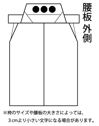 　※【腰板刺繍をご希望の商品と一緒に、こちらの追加料金をご購入下さい！】※ 【納期について】※約4週間で発送致します。（土日祝日を除き） ※ご注文が混み合った場合や、連休前後は更に日数がかかる場合があります。 ※団体注文の場合は、納期がさらにかかる可能性がありますので別途ご相談くださいませ。 〜下記注意事項を必ずご確認いただきご注文下さい〜 ※ご注文後の変更やキャンセルはお受けできませんのでご了承下さい。 [1］刺繍書体について 専用書体のために、パソコンで表示になる書体とは異なりますので 予めご了承ください。 [2］文字の大きさについて 目安を表示しておりますが、剣道着サイズや文字種類によってはバランスを配慮し調整いたしますので、WEBページ表示の大きさとは若干異なる場合があります。 [3］文字レイアウトについて 当店にお任せいただき製作させていただきます。 ※袴の品種やサイズによっては、腰板の縫目に重なる場合があります。