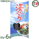 【名称】塩水入り海ぶどう 【内容量】60g×6箱 【賞味期限】製造日より150日　※未開封時　開封後はお早めにお召し上がりください。 【原材料】海ぶどう(沖縄県産)、塩 【保存方法】高温多湿を避け常温保存してください。 【お召上がり方】1.海ぶどうを袋から出して、ざる等に移して水気を切ります。2.適量を水に浸し、戻します。海ぶどうが、みるみる踊るように成長していきます。3.軽く水ですすぎますとプチプチと歯ごたえのある海藻に戻ります。4.お皿に盛り付けお好みで酢醤油、ぽん酢または、ドレッシング等を小皿等に入れつけてお召し上がりください。※直接かけると萎んでしまいプチプチ感を失います。【栄養成分表示】100g当り エネルギー 4.0kcal　たんぱく質 0.5g　脂 質 0.1g　炭水化物 1.2g　食塩相当量 0.3g　推定値【JANコード】4992957000034 【販売者】株式会社オリーブガーデン（沖縄県国頭郡恩納村） メーカー名 平良商店 原産国名 日本 産地直送 沖縄県 商品説明 沖縄産の海ぶどうを使用した塩水漬け海ぶどう60g箱入り、生の海ぶどうは、賞味期限が短いですが塩水漬けは、長めの賞味期限ですのでお土産にお勧めです。 安全上のお知らせ 稀に稚エビや他の海藻類が混ざる場合がございます。洗い流せば問題はございませんが、エビアレルギーの方は、十分お気をつけください。レターパックプラス便で配送予定です着日指定：×不可 ギフト：×不可 ※生産者より産地直送のため、他商品と同梱できません。※納品書・領収書は同梱できません。　領収書発行は注文履歴ページから行えます。 こちらの商品は全国送料無料です