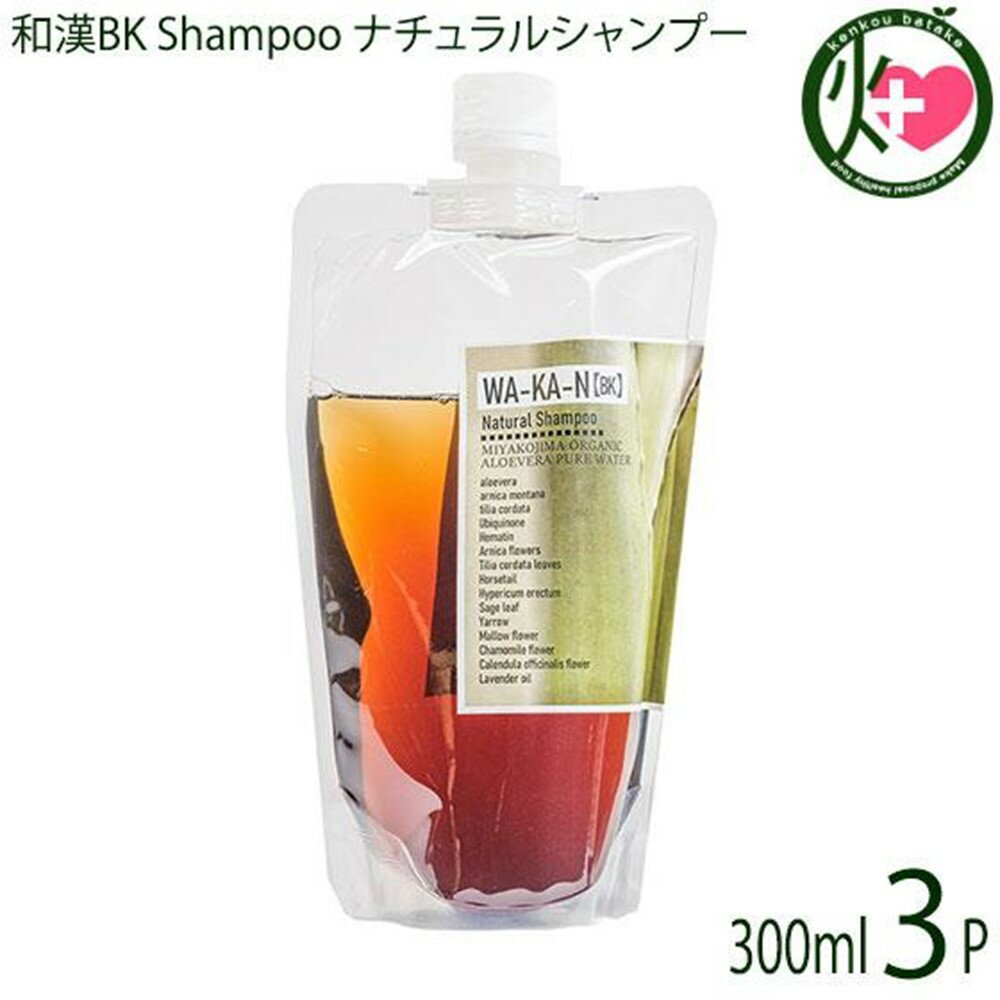 和漢BK Shampoo ナチュラルシャンプー 洗髪料 300ml×3本 アミノ酸系シャンプー ヘマチン フルボ酸 アロエベラ葉水