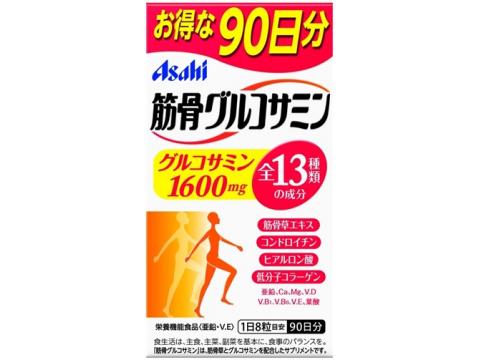 発売元、製造元、輸入元又は販売元　【 アサヒフードアンドヘルスケア 】【 商品説明 】「筋骨グルコサミン　720粒」は、グルコサミンや筋骨草をはじめ、全13種類の成分を配合したサプリメントです。アサヒ研究所と2つの大学が共同研究した筋骨草をはじめ、12種類の成分(しなやかサポート成分・骨の健康に役立つ成分・元気&若々しさサポート成分)+グルコサミンが、活動的な毎日をサポートします。【1日量：8粒（目安量）】【 内容成分 】8粒あたりエネルギー…9.52kcalたんぱく質…0.78g脂質…0.049g炭水化物…1.49gナトリウム…0.87mg亜鉛…7mgビタミンE…8mgカルシウム…50mgマグネシウム…30mgビタミンD…5μgビタミンB1…1mgビタミンB6…1mg葉酸…200μgグルコサミン…1600mgコンドロイチン含有サメ軟骨エキス末…10mg筋骨草エキス末…100mgコラーゲン…100mgヒアルロン酸…1mg広告文責：株式会社バイタルネット　電話番号：022-343-7011 10037556