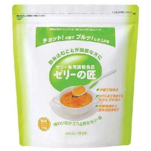 ※本商品は返品不可となります。発売元、製造元、輸入元又は販売元【東京サラヤ】【 商品説明 】「ゼリーの匠ネオ　スタンディングパウチ」は、全粥、ミキサー粥、いも類もべたつきのない美味しいゼリーに。酵素配合で、お粥やでんぷんの多い食品も べたつかないゼリーを形成！●酵素配合で、お粥などデンプンの多い食品もべたつきの無いゼリーにすることができます。●ゼラチンゲルは、約20℃で溶け出しますが、本品を使用したゲルは、65℃程度に設定された保温庫で温めても溶け出さす、形がくすれません。●ミキサー食や味噌汁などを温かくして提供できます。●肉・魚・野菜・飲料なども、少ない添加量でキレイなゼリーに仕上がります。【 注意事項 】・医師、管理栄養士などの指示によりご使用ください。・直射日光、高温多湿をさけ、常温で保存してください。・使用量目安は、あくまで目安です。使用条件により、ゲルのかたさが変わることがあります。・粉末をそのまま食べないでください。・ゼリーの状態を確認してからお召し上がりください。・本品を使用することで確実に誤嚥を防げるものではありません。【 原材料 】デキストリン(国内製造)、寒天／ゲル化剤(増粘多糖類)、酵素【 内容成分 】（100gあたり)エネルギー…373kcal、 たんぱく質…0.3g、脂質…0.7g、糖質…63.6g、食物繊維…27.8g、食塩相当量…0.5g、リン…45mg、 カルシウム…780mg広告文責：株式会社バイタルネット　電話番号：022-343-7011