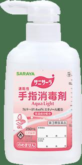 発売元、製造元、輸入元又は販売元【東京サラヤ】【 商品説明 】「サニサーラ　Aqua　Light　ポンプ付」は、エタノールを有効成分とした手指消毒剤です。手に取ったとき手のひらからこぼれにくく，保湿成分を配合した低粘度のジェル剤です。【効能・効果】手指・皮膚の消毒br》【用法・用量】適量を手に取り，指先までムラなく乾くまで擦り込む。【消費者相談窓口】会社名：サラヤ株式会社問い合わせ先：学術部電話：06-4706-3938使用期限:使用期限まで6カ月以上あるものをお送りします【 リスク区分:第3類医薬品 】必ず使用上の注意をご確認、ご理解いただいた上でご購入ください。使用上、ご不明な点がある場合は医師、薬剤師又は登録販売者に相談ください。【 注意事項 】■してはいけないこと（守らないと現在の症状が悪化したり，副作用が起こりやすくなる）次の部位には使用しないこと　（1）損傷のある皮ふ。　（2）目の周囲，粘膜等。■相談すること1．次の人は使用前に医師，薬剤師又は登録販売者に相談すること　（1）医師の治療を受けている人。　（2）薬などによりアレルギー症状を起こしたことがある人。2．使用後，次の症状が現れた場合は副作用の可能性があるので，直ちに使用を中止し，この文書を持って医師，薬剤師又は登録販売者に相談すること［関係部位：症状］皮ふ：発疹・発赤，かゆみ【 内容成分 】1mL中:エタノール 76.9〜81.4％広告文責：株式会社バイタルネット　電話番号：022-343-7011