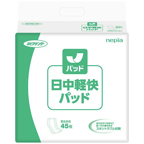 ※本商品は返品不可となります。発売元、製造元、輸入元又は販売元【王子ネピア】【 商品説明 】「ネピアテンダー　日中軽快パッド」は、日中使いにちょうどいい吸収量とサイズのパッドです。●『中央リッチ吸収体』が尿道口近くの吸収力を高め、尿の広がりを抑えてすばやく吸収。肌への付着を減らすことでスキントラブルリスクを軽減。●『股幅ぴったりスリット』で股幅に合わせてパッドが変形。拘縮やさまざまな体型の方にフィット。●仰臥位時にできる尿便キャッチスペースは、尿や便をキャッチしてモレを防ぐ。●全面通気性シート採用。●寝て過ごすことが多い方。●吸収量の目安：450ml　排尿3回分※1回の排尿量の目安150mlとして●サイズ：横幅349×高さ292×奥行150(mm)【原産国】日本広告文責：株式会社バイタルネット　電話番号：022-343-7011