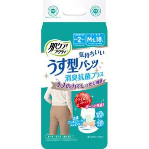 発売元、製造元、輸入元又は販売元【日本製紙クレシア】【 商品説明 】「肌ケアアクティ　うす型パンツ消臭抗菌プラス」は、弱くなりがちなシニアの肌へおすすめな介護おむつです。●歩ける方、立てる方、座れる方に。●尿・汗・便臭をやわらげる抗菌効果のある超強力消臭シートで、気になるニオイも瞬間消臭。●「ウイルスストップ」機能で、シート状のウイルスの数も減少。※●「立体エンボスさらっふわっ快適シート」でムレにくく、お肌にやさしい。●お腹まわりゆったり+背中はぴったりフィットするから、どんな姿勢でもはき心地快適。●吸収体「スリット」で股下にもぴったりフィットし、モレにくい。●お試しにも便利なM-Lサイズ、18枚、レギュラータイプ。吸収量目安：おしっこ約2回分。ウエストサイズ：60cm〜90cm。後処理テープ付き。●医療控除対象品※すべてのウイルスに効果があるわけではありません。また、感染予防を目的とするものではございません。【規格概要】M-Lサイズウエストサイズ：60cm〜90cm吸収量：おしっこ約2回分後処理テープ付【原産国】日本広告文責：株式会社バイタルネット　電話番号：022-343-7011