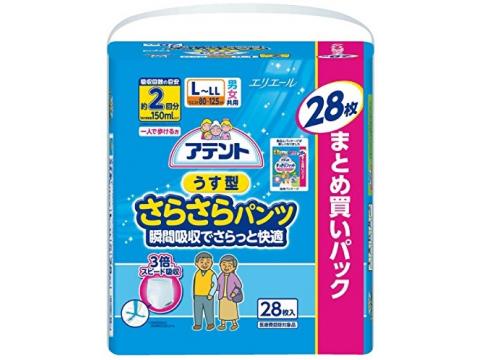 発売元、製造元、輸入元又は販売元　【 大王製紙 】【 商品説明 】「アテント　うす型さらさらパンツ　男女共用L」は、新機能引き込みラインで尿を素早く引き込んであふれモレを防ぐパンツタイプの紙おむつです。○逆戻りが少なく、表面さらさらです。○おなかまわりにやわらかくフィットするからしめつけにくく、快適なはき心地です。○脚まわりのゴムの伸縮性が高いので、片手でするっとはけます。○全面通気性シート採用。消臭加工。【区分:一人で歩ける方】 【ウエストまわり】80〜125cm【吸収量】約2回分≪医療費控除対象商品≫広告文責：株式会社バイタルネット　電話番号：022-343-7011 10044006★とりあえずお気に入りに追加★