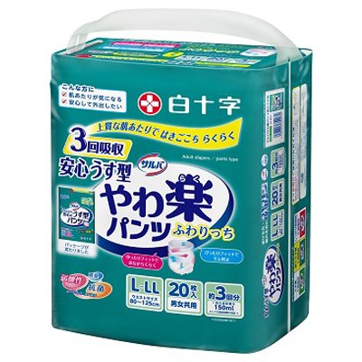 発売元、製造元、輸入元又は販売元　【 白十字 】【 商品説明 】「サルバ　Dパンツ　やわらかスリム　うす型スーパー　L-LLサイズ　男女共用」は、歩ける方・座れる方向けの介護用おむつ(パンツタイプ L-LLサイズ)です。≪特徴≫●普通の下着と同形状で使用する方自身が上げ下げ可能な紙おむつです。●おしっこ3回分(※1回の排尿量を150mLとして)をしっかり吸収●素肌と同じ弱酸性素材●スッキリフィットの薄型タイプです。●失敗ゼロの安心ケアへ【医療費控除対象品】適応サイズ・・・ウエストサイズ80cm〜125cm　おしっこ吸収の目安・・・約3回分(1回の排尿量を150mLとして)広告文責：株式会社バイタルネット　電話番号：022-343-7011 10027170