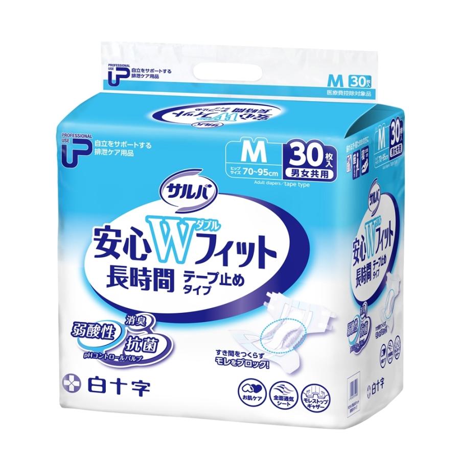 発売元、製造元、輸入元又は販売元　【 白十字 】【 商品説明 】「PUサルバ　安心Wフィット M」は、Wフィット構造を採用し、すき間を埋めてモレをブロックする介護用おむつ Mサイズです。お体の状態：歩ける方、座れる方、寝たままの方○腰部を止めテープで包むように装着して使用します。○素肌と同じ“弱酸性素材”を吸収体表面とパルプ層に使用しております。○足周りに面でフィットしてモレを防ぐT型立体ギャザーです。○吸収ポリマー配合で気になるニオイも安心です。○吸収回数の目安:約4回分(1回の排尿量を150mLとして)○ヒップサイズ:70cm〜95cm【医療費控除対象商品】広告文責：株式会社バイタルネット　電話番号：022-343-7011