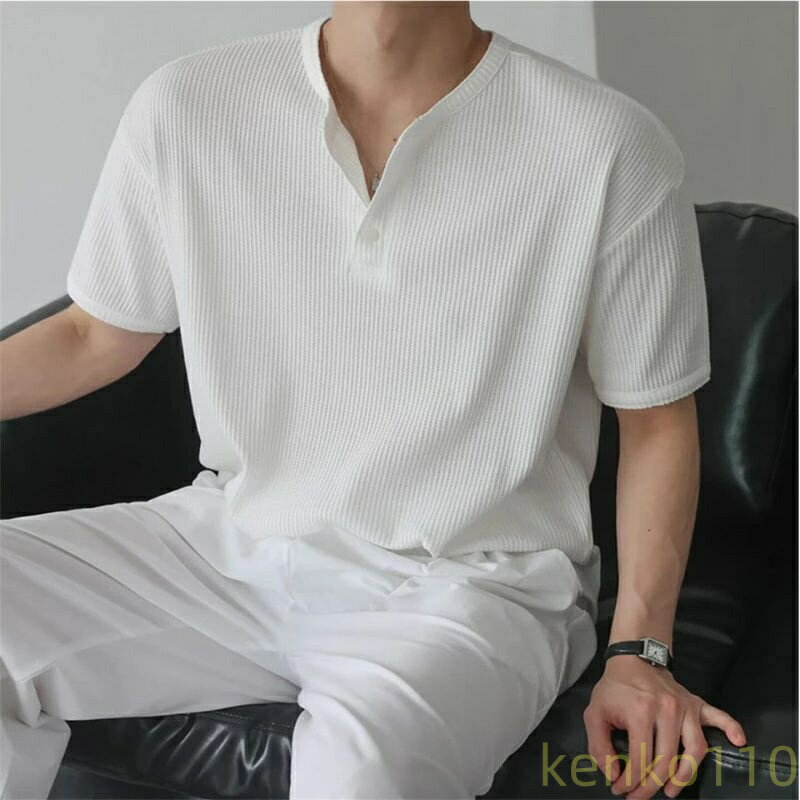 【送料無料】ビジネスクラシックリッチ風 男性サマーヘンリーカラー ルーズシルエット シンプル小物デザイン 新作人気ポロシャツ