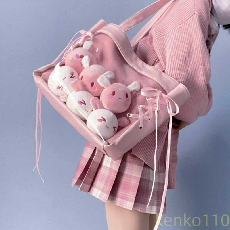 【透明/レースアップ/痛バ風】レディース&ガールズ トートバッグ 大容量 A4収納 リボン装飾 軽量 学生鞄/見せバッグ