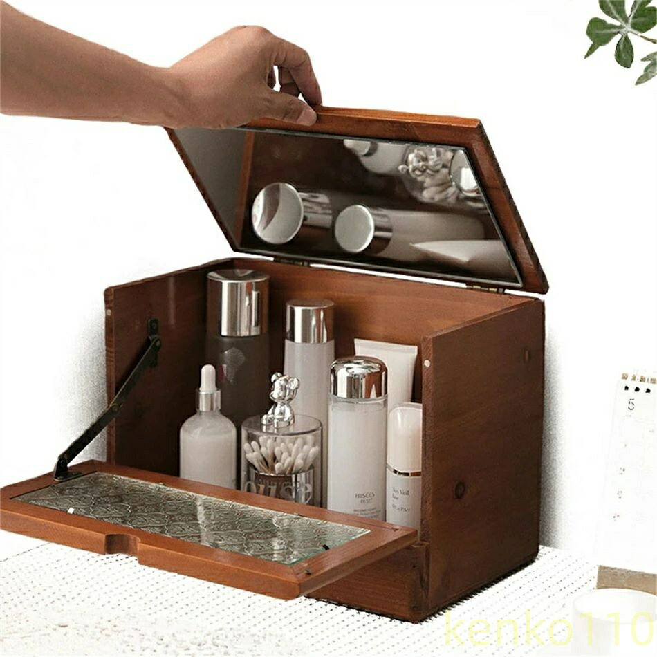 【送料無料】化粧品収納ケースメイクボックス コスメボックス コスメ 化粧品 メイク道具 収納 【コンパクトなのに鏡】 鏡 ミラー 軽量レトロ木製大容量デスク収納ケース