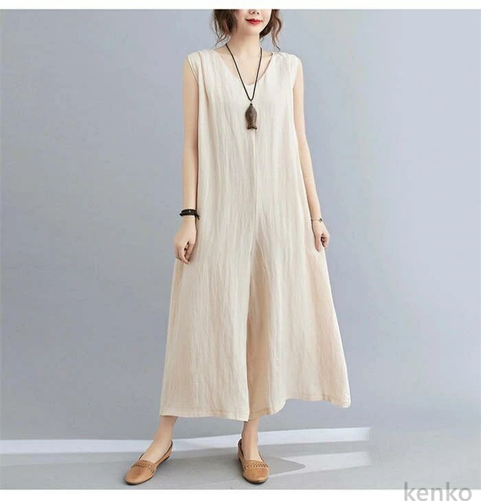 【送料無料】オールインワン サロペット レディース Vネック ワイドパンツ 9分丈 大きいサイズ マタニティ ウエストリボン つなぎ ポケット付き オーバーオール 綿麻風