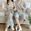 【送料無料】ペアパジャマ カップル パジャマ メンズ レディース パジャマ 春夏 ワンピース 上下セット 2点セット 結婚記念日 ペアルームウェア 前開き 部屋...
