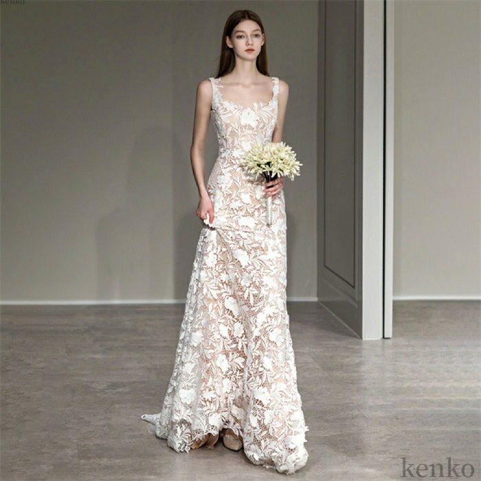 ウエディングドレス マーメイドラインドレス キャミソールドレス エンパイアドレス エンパイア オフショルダー 花嫁ドレス 結婚式 白 二次会ウエディングドレス ロング レース 刺繍 トレーンドレ 大きいサイズ結婚式 ロングドレス ウエディン...