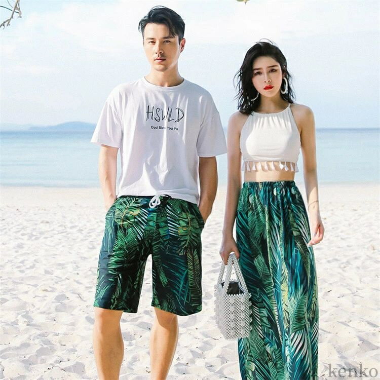 【送料無料】ペアルック カップル 水着 レディース 体型カバー ロングスカート 2点セット パッド付き メンズ水着 男性用 ビーチパンツ サーフ