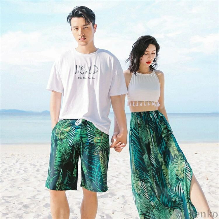 【送料無料】ペアルック カップル 水着 レディース 体型カバー ロングスカート 2点セット パッド付き メンズ水着 男性用 ビーチパンツ サーフ