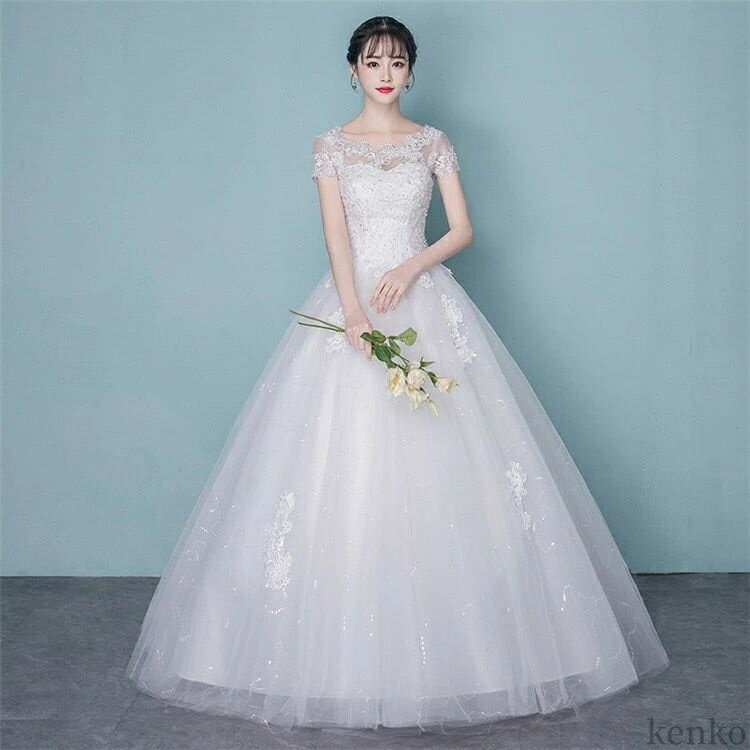 【送料無料】白 結婚式 パーティードレス 花嫁ドレス 刺繍ドレス 二次会ドレス 白ドレス ホワイト 袖あり レース 編み上げ ハイウエスト プリ