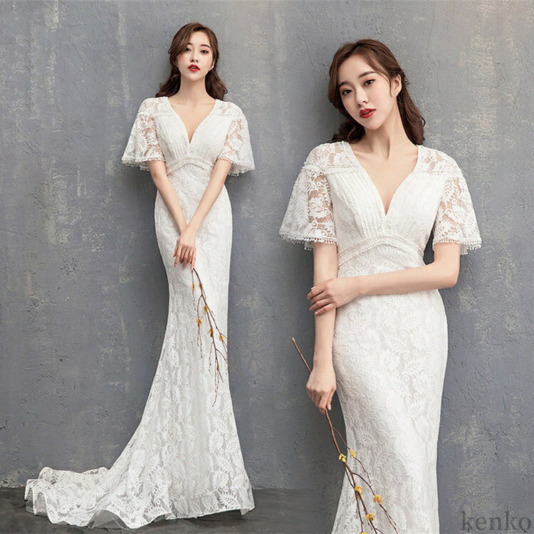 【送料無料】ウェディングドレス パーティードレス 花嫁ドレス Vネック ロングドレス 司会 発表会 二次会ドレス 白ドレス ベアトップ ホワイ