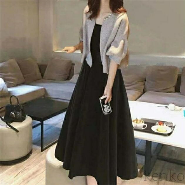 【送料無料】セットアップ レディース ロングワンピース ランタンスリーブ ニットカーディガン Aラインワンピース 春秋 二点セット
