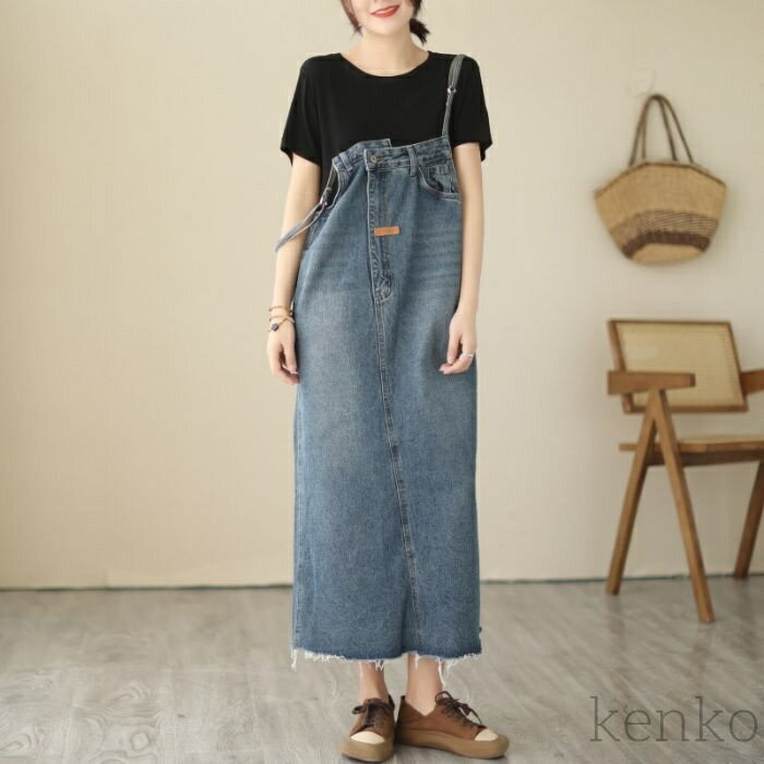 【送料無料】デニム キャミワンピース レディース ノースリーブ 春秋 ポケット ロング丈 シンプル 体型カバー カジュアル