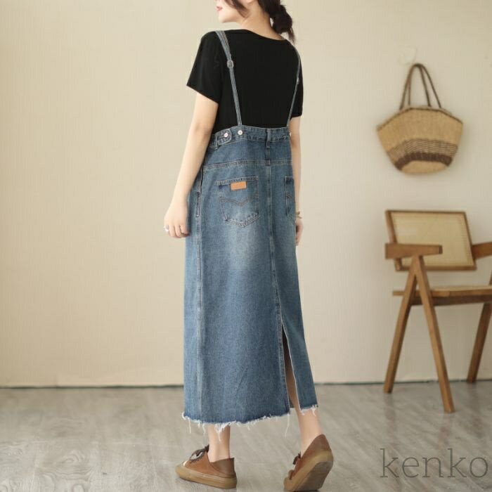 【送料無料】デニム キャミワンピース レディース ノースリーブ 春秋 ポケット ロング丈 シンプル 体型カバー カジュアル