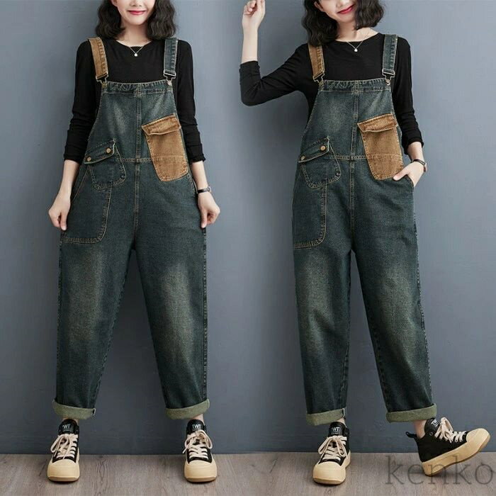 【送料無料】サロペット オールインワン デニムパンツ 配色 レディース オーバーオール ジーンズ ゆったり ズボン ボトムス 体型カバー