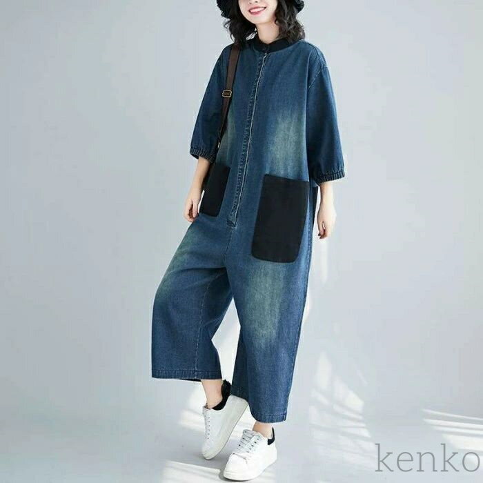 【送料無料】デニムオールインワン レディース デニム つなぎ デニムパンツ 連体服ラウンドネック 半袖 ゆったり ロングパンツ