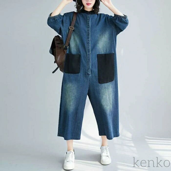 【送料無料】デニムオールインワン レディース デニム つなぎ デニムパンツ 連体服ラウンドネック 半袖 ゆったり ロングパンツ