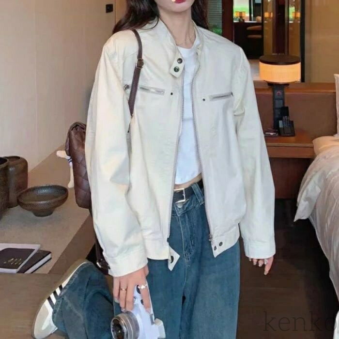 【送料無料】ブルゾン ノーカラージャケット ジップアップ ジャンパー レディース スタジャン 春アウター ホワイト 春秋 カジュアル