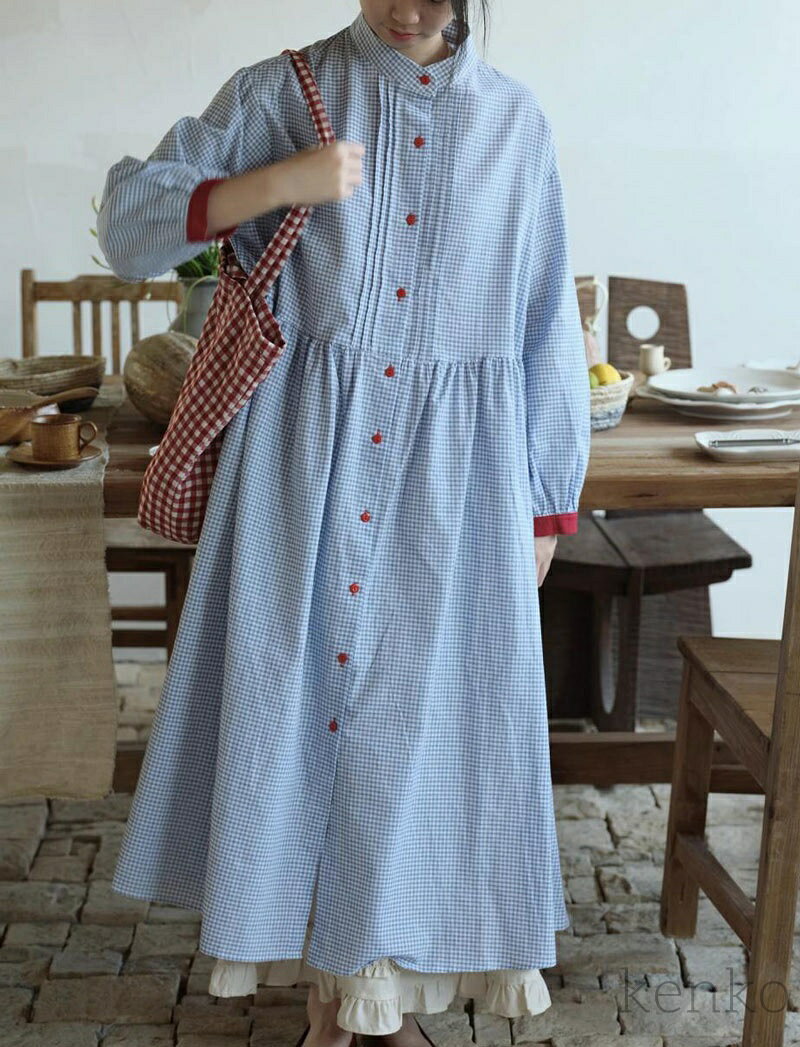 【送料無料】レディース ロングワンピース 春 夏 長袖 立ち襟 ワンピ 前開き チェック柄 羽織り マキシワンピース Aライン フレア ピンタック ゆったり