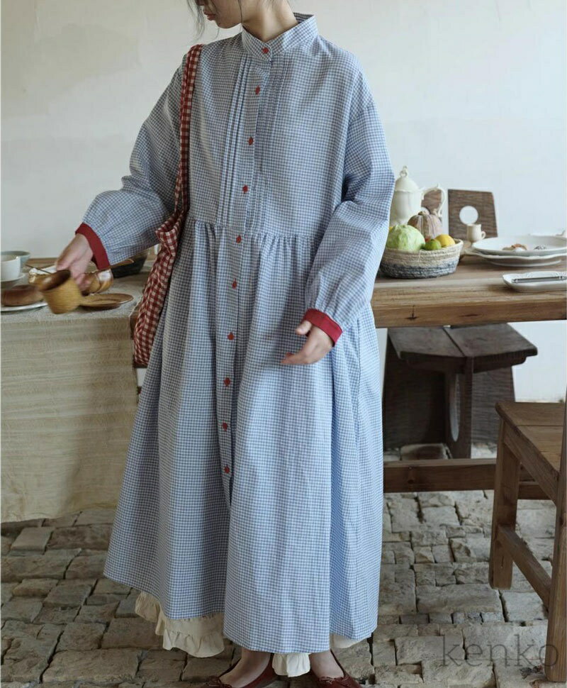 【送料無料】レディース ロングワンピース 春 夏 長袖 立ち襟 ワンピ 前開き チェック柄 羽織り マキシワンピース Aライン フレア ピンタック ゆったり