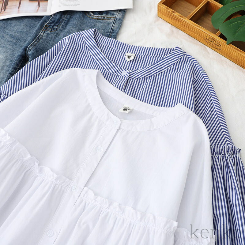 【送料無料】チュニック レディース フリル フリルシャツ 夏 タック フリルブラウス 七分袖 ブラウス 無地 ストライプ柄 ドッキング シャツブラウス 綿
