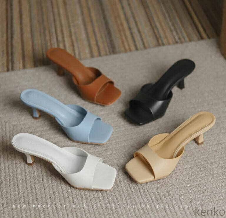 【送料無料】サンダル ミュール スクエアトゥ レディース 痛くない 脱げない サンダル チャンキーヒール　靴 美脚 ハイヒール 7cmヒール