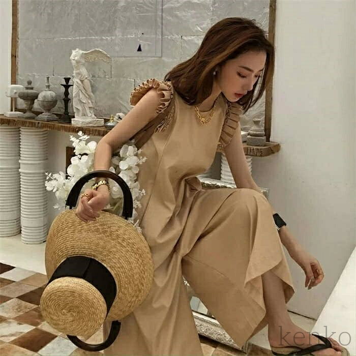 【送料無料】オールインワン レディース つなぎ フリル サロペット ワイドパンツ フレンチスリーブノースリーブ 着痩せ 服 春 夏 ワンピース