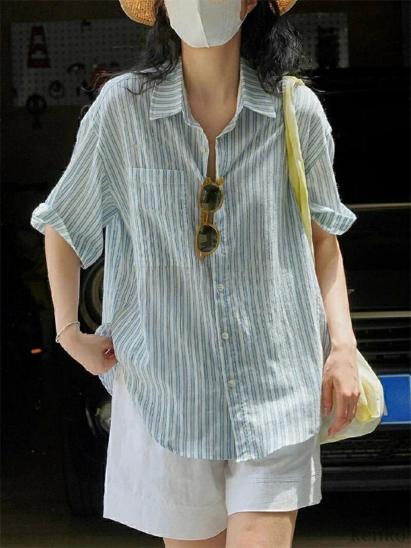 Yシャツ　無地　シンプル ブルー ストライプシャツ 2025 早春 婦人服 フランス ゆったり 高級 インナー 長袖 トップス