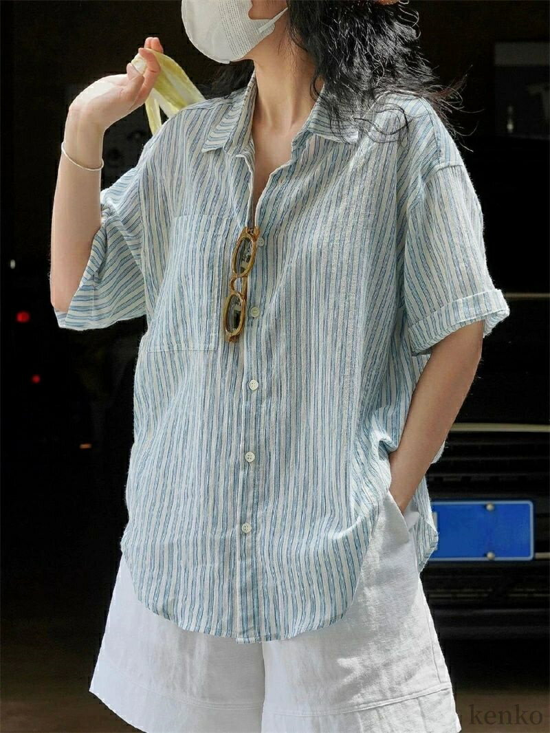 Yシャツ　無地　シンプル ブルー ストライプシャツ 2025 早春 婦人服 フランス ゆったり 高級 インナー 長袖 トップス