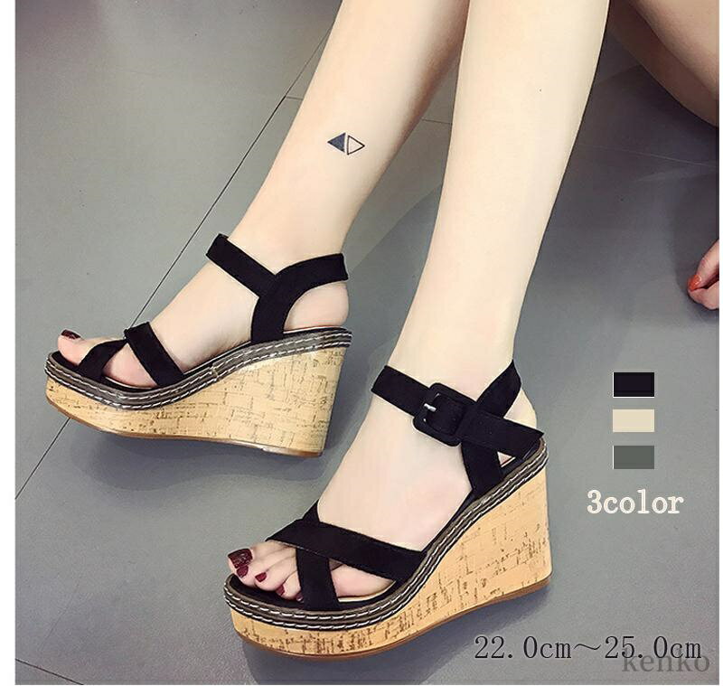 【送料無料】サンダル レディース ウェッジソール 歩きやすい 旅行 厚底 ウェッジサンダル ブラック ホワイト ビリジャン 痛くない