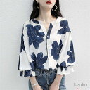 【送料無料】シャツ ブラウス レディース バルーン袖 フリア Vネック シフォン 花柄 七分袖 シャツブラウス トップス プリント 前開き ゆったり