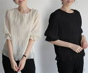 【送料無料】Tシャツ ギャザーブラウス レディース 五分袖 薄手 無地 ラウンドネック tシャツ シャツ ブラウス シフォン トップス プルオーバー