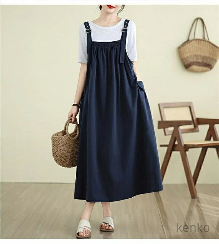 【送料無料】ワンピース ゴム Aライン ワンピース 体型カバー マキシワンピース ロングワンピ 重ね着 ゆったり お洒落 大人 ジャンスカ ロング 着痩せ リラックス カジュアル