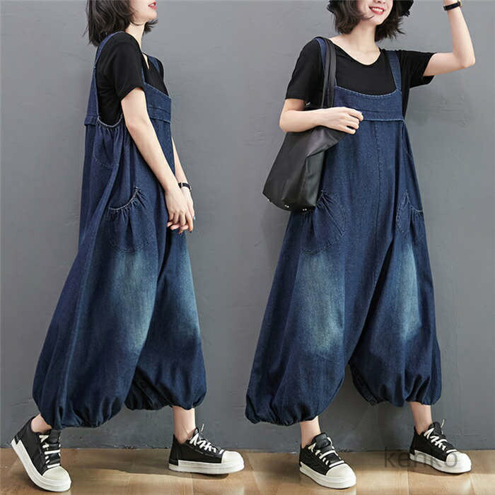 【送料無料】オールインワン デニムパンツ デニムワイドパンツ ロング マキシ丈 春 夏 ゆったり 無地 体型カバー 大きいサイズ カジュアル 可愛い