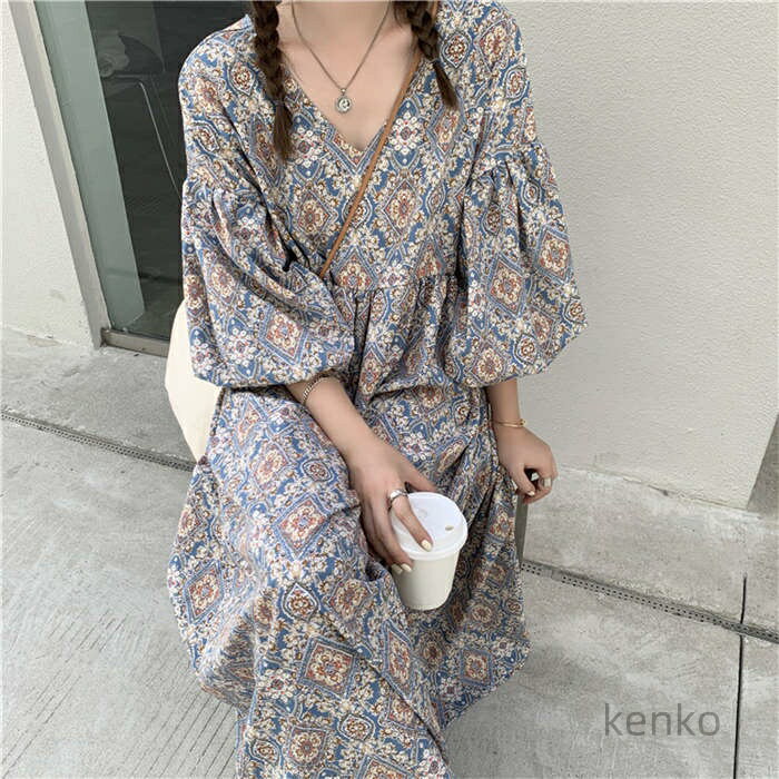 【送料無料】花柄 ワンピース 春夏 秋 レディース きれいめ 長袖 バブル スリーブ 楽ちん 体型カバー お洒落 ロング ワンピース Vネック 女性らしい