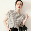 【送料無料】レディース 40代 春夏 オシャレブラウス 韓国風 半袖トップス ボーダー柄シャツ レースフレア袖トップス 薄手 ゆったり 体型カバー 上品