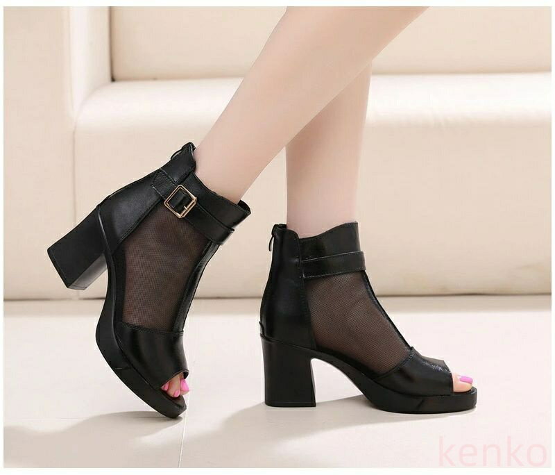 【送料無料】サマーブーツ ブーツサンダル メッシュ 通気性 透け感 オープントゥ 太ヒール レディース ブーツ サンダル レディースブーツ 疲れない