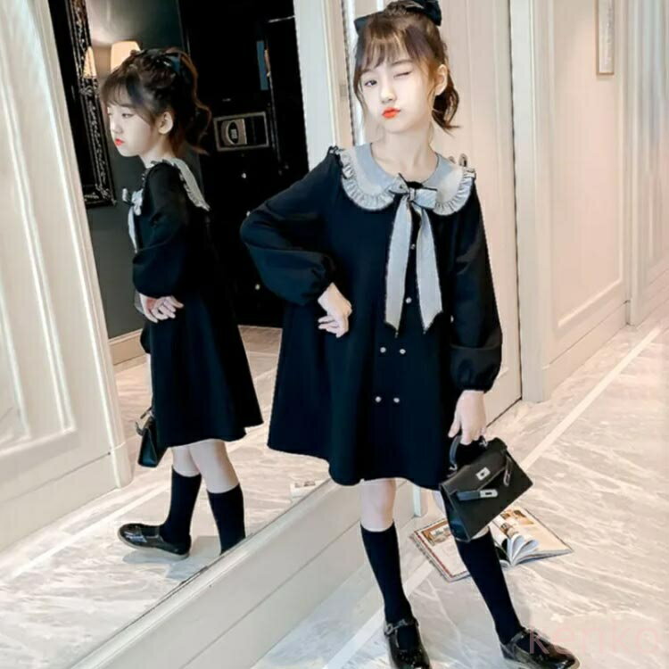 【送料無料】キッズ ワンピース 春秋 長袖 学院風ワンピース ミディアム丈 丸襟 リボン 姫系 セーラー..