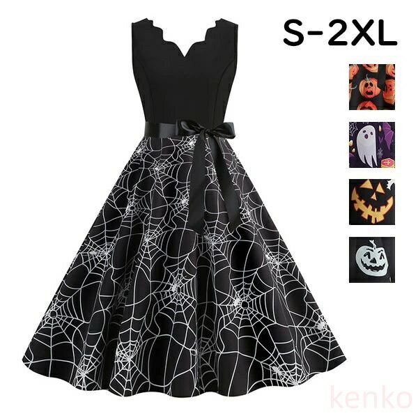 【送料無料】ワンピース カクテルドレス ハロウィン 膝丈 ミニ レディース 袖なし リボン ハイウエスト Aライン 暗黒風 コスチューム コスプレ 衣装 洋服