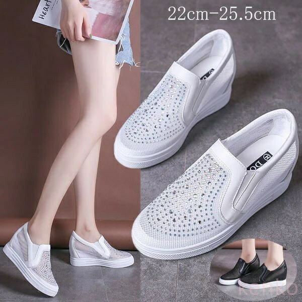 【送料無料】スニーカー インヒール キラキラ スリッポン ゴムソール PU 厚底 小さいサイズ 大きいサイズ ローカット ローファー レディース ブラック ホワイト(4)
