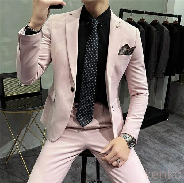 【送料無料】ピンクスーツ 無地 1ボタン スリムスーツ ビジネススーツ メンズ シングル メンズスーツ 紳士服 シンプル 大きいサイズ おしゃれスーツ 細身